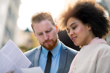 Business people using laptop at outdoor. Business and coworker concept