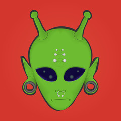 vector illustration of a green alien face with piercings and stretched ears on a red background