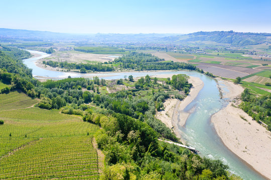 Tanaro river view from Langhe, Italy