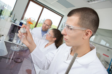 Fototapeta premium young chemist combining chemical liquid in the lab