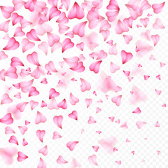 Valentines Day romantic background of pink hearts petals falling. Realistic flower petal in shape of heart confetti. Love theme. Wedding item. Decor element for greeting cards or gift packages