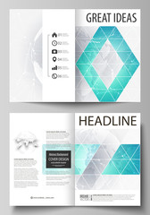 The vector illustration of the editable layout of two A4 format modern cover mockups design templates for brochure, magazine, flyer. Chemistry pattern. Molecule structure. Medical, science background.