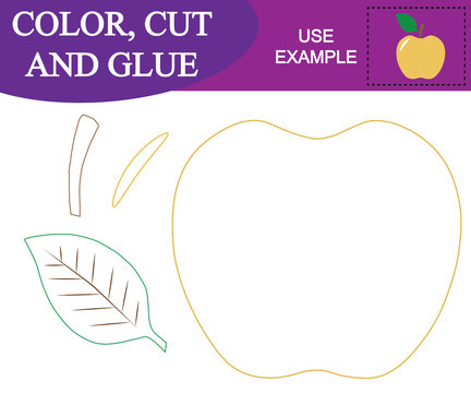 Color, cut and glue to create the image of apple (fruit). Educational game for children. Vector.