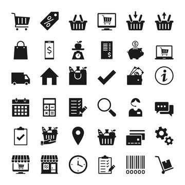 Set of icons for stores and supermarkets, and e-commerce