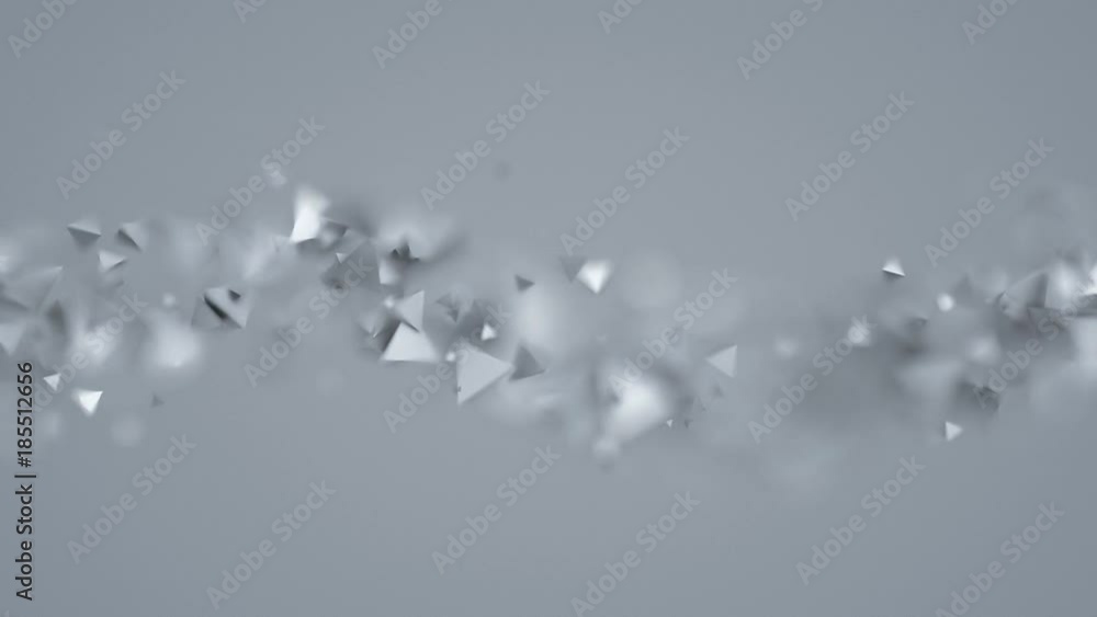 Poster abstract 3d rendering of chaotic low poly shapes, computer generated flying polygonal pyramids in em