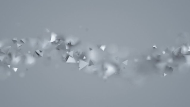 Abstract 3d rendering of chaotic low poly shapes, computer generated flying polygonal pyramids in empty space, futuristic background design with bokeh effect, 4k UHD
