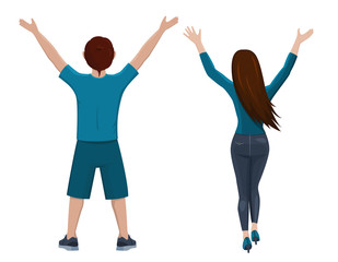 Boy and girl from the back. Rear view of young couple. Backside view of person. Isolated vector illustration of cartoon characters with raised hands on white background.