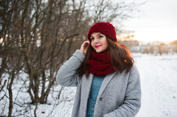 Portrait of gentle girl in gray coat , red hat and scarf near the branches of a snow-covered tree.