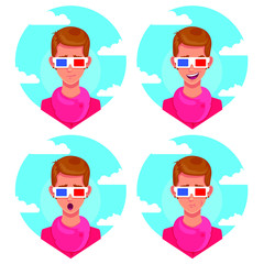 Emotion in the cinema, vector illustration emotion boyl in 3d-glasses with sky and cloud on background