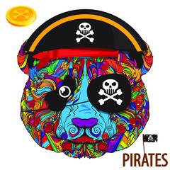 Vector face of pirate panda with hat and coin. Pirate style. Skull. Flag. Isolated on white background.