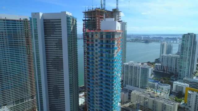 Aerial shot new highrise towers Miami on the bay