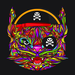 Ornament cat pirate face with skull emblem, vector illustration isolated on dark background