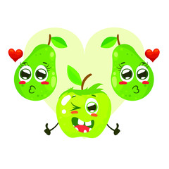 Funny lovely characters of two pear and apple. Vector illustration isolated on white background