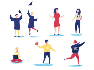 Student characters showing various activities isolated on white background. Vector modern flat design.