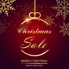 Christmas sale background with gold text and christmas ball. Vector