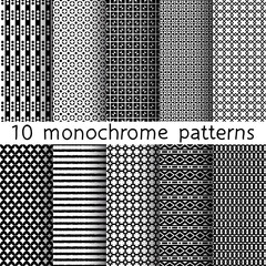 10 monochrome seamless patterns for universal background. Black and white colors. Texture for wallpaper, fills, web page background.
