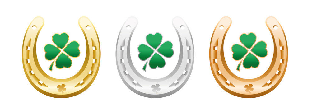 Four leaf clovers in golden, silver and bronze horseshoes - lucky symbols representing success, health, wealth, fortune, luck, happiness and prosperity - isolated vector on white background.