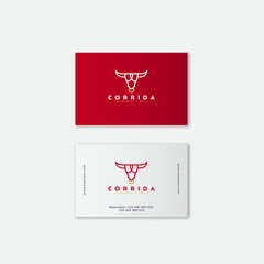 Logo steak house. Meat restaurant or butchery emblems. Identity. Business card.The stylized head of a bull and letters.