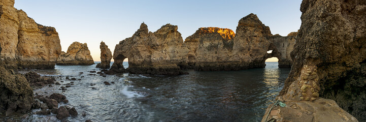 Panoramic view of the beautiful Ponta da Piedade in Lagos, Algarve, Portugal; Concept for travel in Portugal and Algarve