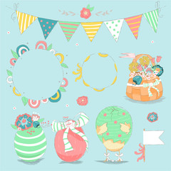 Hand drawn spring (easter) or summer party vintage design elements. Colorful flags, floral frame, frame with bow, basket with flowers, chicken in the egg and painted easter eggs