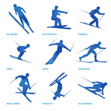Winter sports icon set. Nine silhouettes of athletes with deep blue pattern. Different kinds of ski - jumping, running, freestyle, slopestyle, acrobatics, slalom.