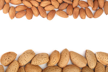almonds isolated on white background with copy space for your text. Top view. Flat lay