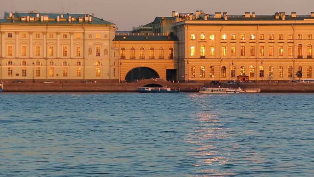 Riverside view of Winter Palace,Winter groove, sundown time. Saint-Petersburg