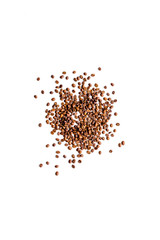 Scattered coffee beans on white table top view copyspace. Coffee background.