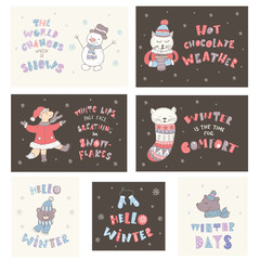Fototapeta na wymiar Set of winter postcards with quotes and phrases. Hand drawn lettering with decorative elements.