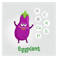 Eggplant vegetable vitamins and minerals. Funny vegetable character. Healthy food illustration