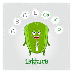 Lettuce vegetable vitamins and minerals. Funny vegetable character. Healthy food illustration