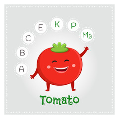 Tomato vegetable vitamins and minerals. Funny vegetable character. Healthy food illustration