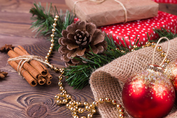 Christmas and New Year holiday background. Christmas decor on a wooden table.