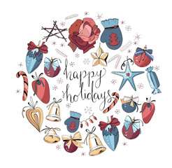 Circle made of christmas decorative elements. Traditional festive symbols, vintage style.