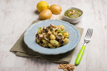gnocchi with pesto sauce and octopus