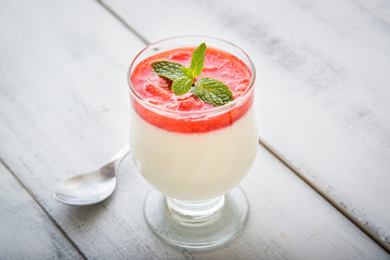 panna cotta with strawberry sauce and mint