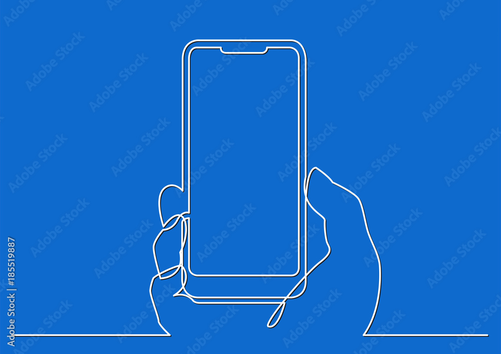 Wall mural continuous line drawing of hand with modern mobile phone