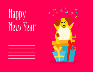 Happy New Year postcard with fun cartoon dog, gifts and confetti on red background. Flat style. Vector.