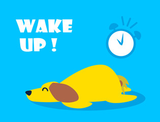 Cartoon card with sleeping dog and alarm clock on blue background. Flat style. Vector.