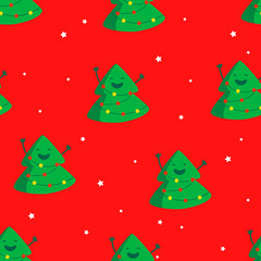 Winter pattern with fun tree and star on red background. Ornament for textile and wrapping. Vector.