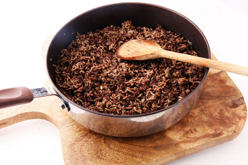 ground beef and pork roasted on a frying pan.