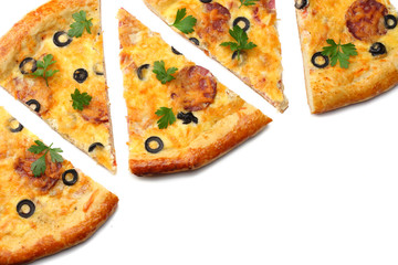 Piece of pizza with olives isolated on white background. top view