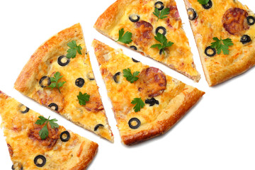 Piece of pizza with olives isolated on white background. top view