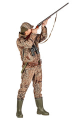 male hunter with double barreled shotgun Isolated on white background. hunting and people concept.