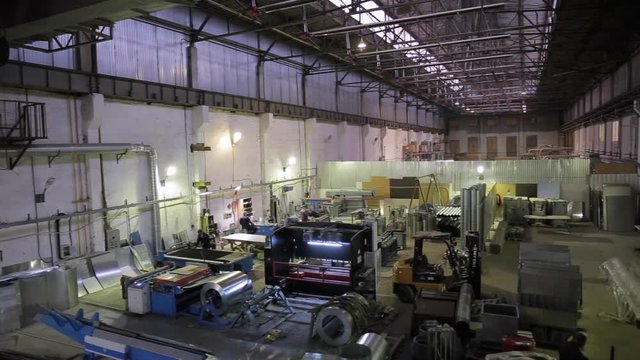Panorama of interior of plant or factory, production and manufacturing of industrial ventilation systems