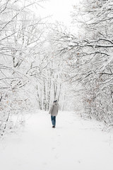 a man in a snowy forest view from afar