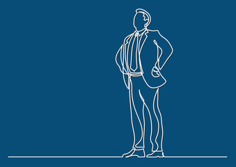 continuous line drawing of business situation - happy confident standing businessman