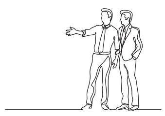continuous line drawing of business situation - two businessmen discussing plans