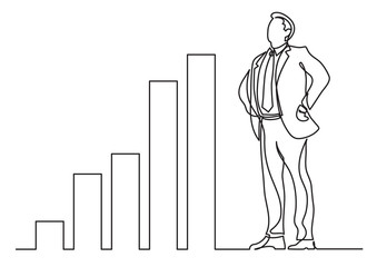 continuous line drawing of business situation - happy confident standing businessman with increasing charts