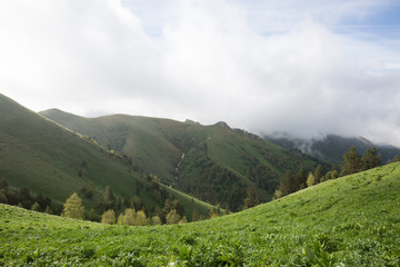 Naklejka na ściany i meble The formation and movement of clouds over the summer slopes of Adygea Bolshoy Thach and the Caucasus Mountains